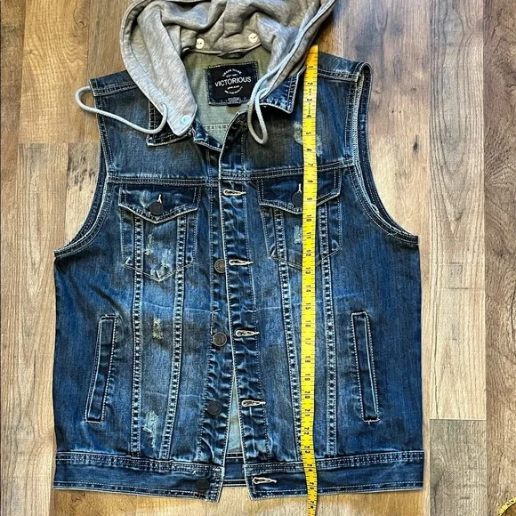 Victorious Blue Denim Vest with Removable Gray Hood - Picture 10 of 10